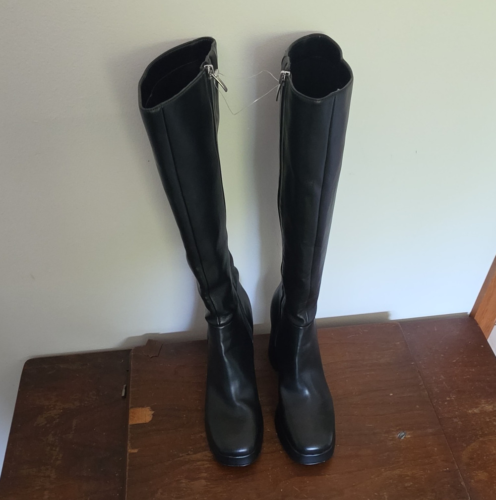 Nine West Black Knee High Riding Boots Zip Square Toe Regular Calf US 9 M
